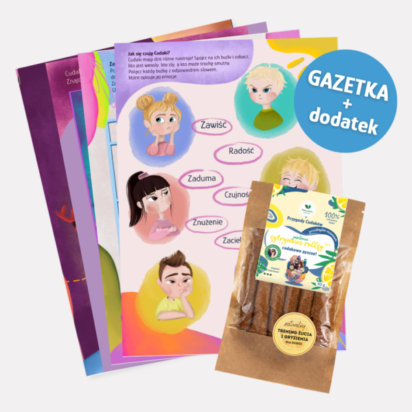 gazetka z dodatkiem, gazetka dla dzieci, przygody cudaków, cierpliwość, zagadki dla dzieci, emocje, zdrowa przekąska dla dzieci, prezent na święta, gazetka świąteczna